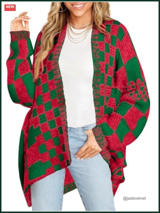 Sweaters - Checkered Oversized Cardigan - Color Block Plaid Knit Open Front Coat